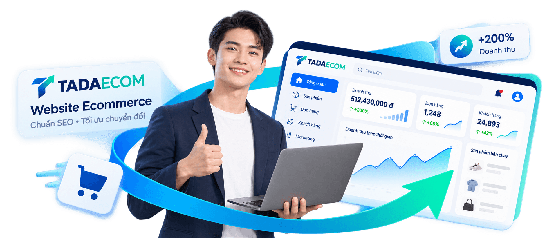 Concept giao diện thương mại trên màn hình máy tính và điện thoại với các tấm kính xanh TADAEcom